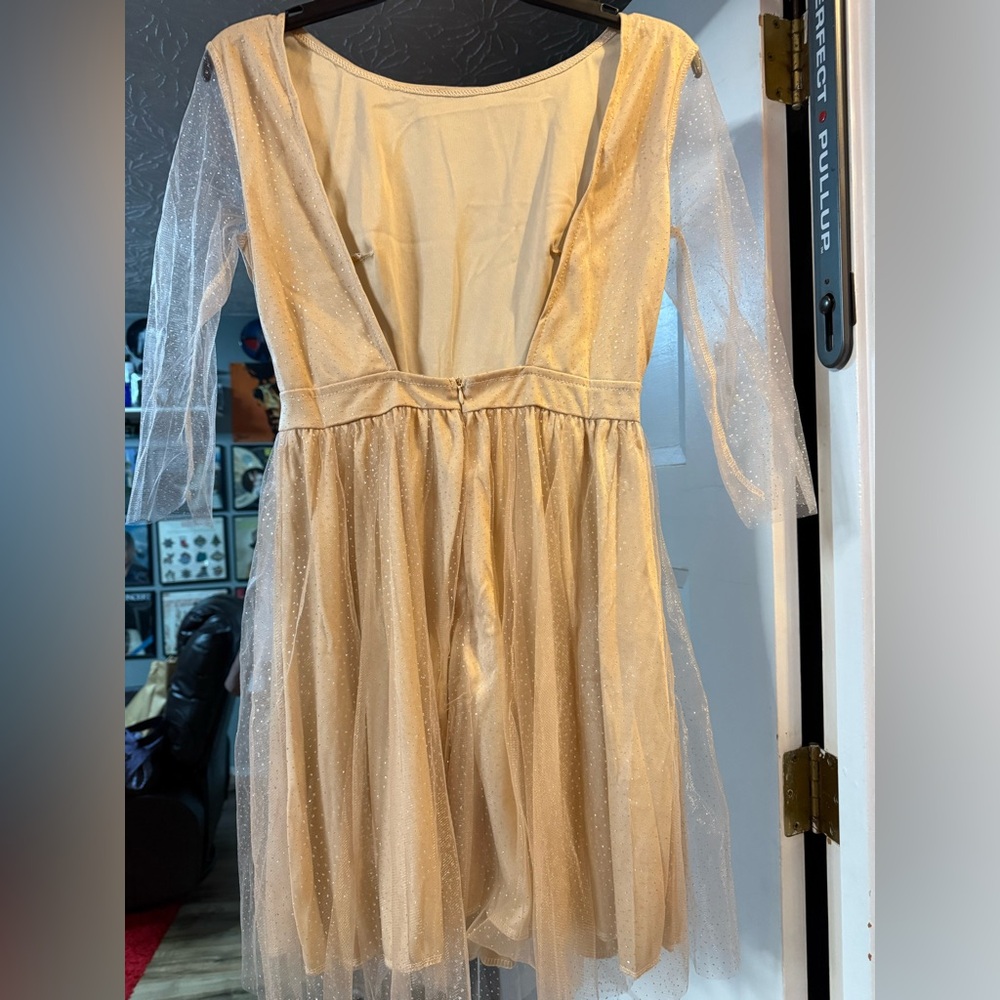 Elegant Cream Sheer Sleeve Dress with Sparkles, Open Back! New!! - Picture 11 of 14